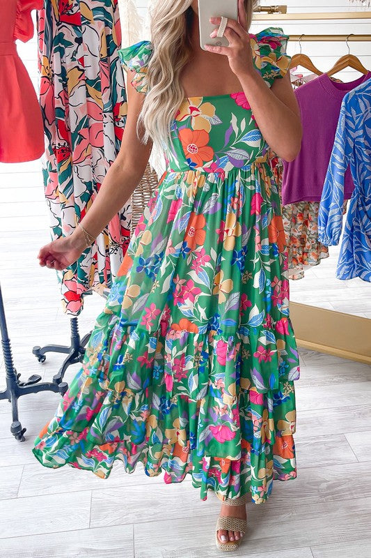 Women Print Sleeveless Ruffle Shoulder Strap Tiered Maxi Dress Zarnesh
