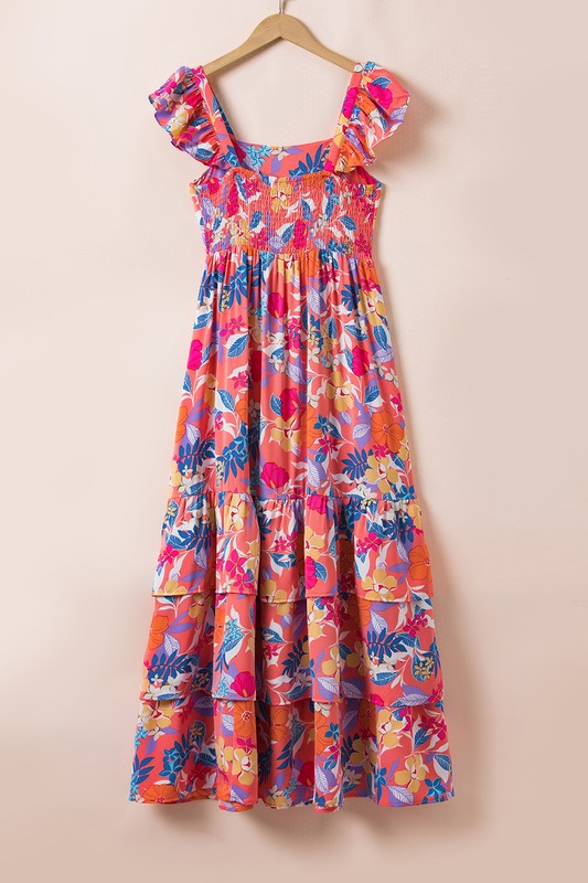 Women Print Sleeveless Ruffle Shoulder Strap Tiered Maxi Dress Zarnesh