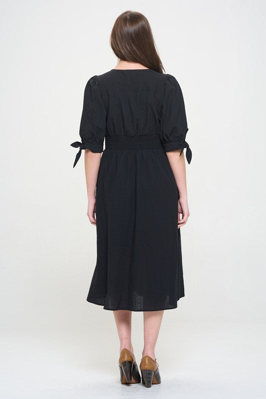 Women Plus Puff Sleeves Lined Textured Button Down Midi Dress Zarnesh