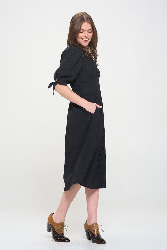 Women Plus Puff Sleeves Lined Textured Button Down Midi Dress Zarnesh