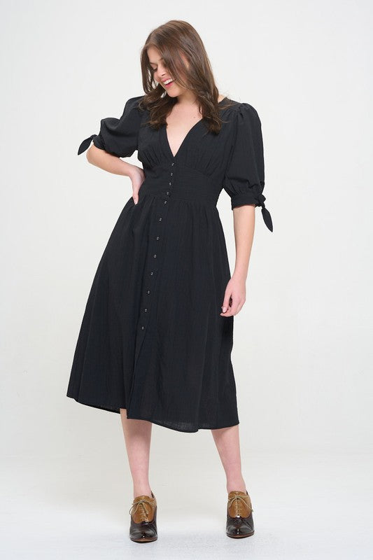 Women Plus Puff Sleeves Lined Textured Button Down Midi Dress Zarnesh