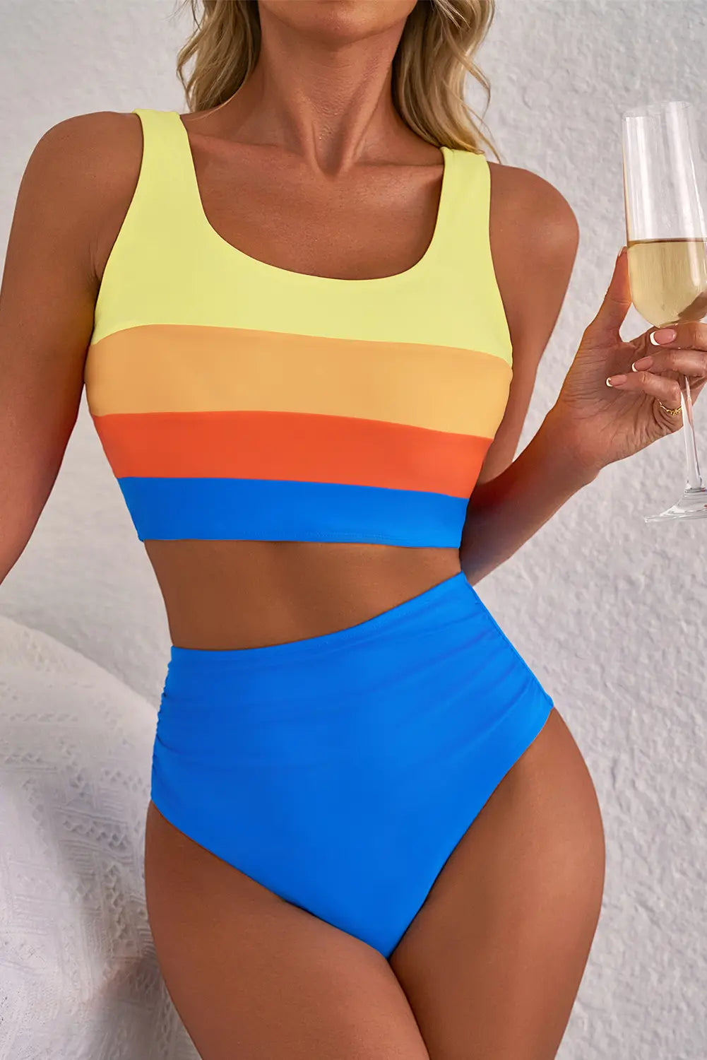 Rainbow Striped High Waist Pleated Bikini Set | Zarnesh