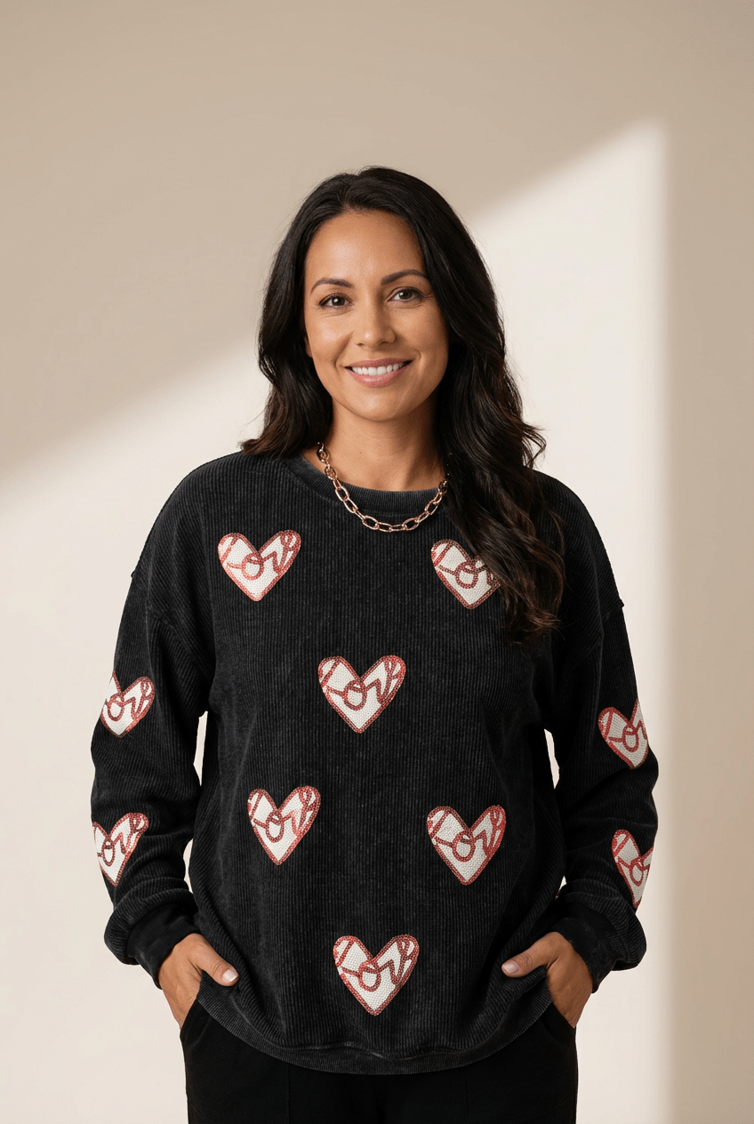 Ribbed Sequin LOVE Heart Patch Sweatshirt | Zarnesh