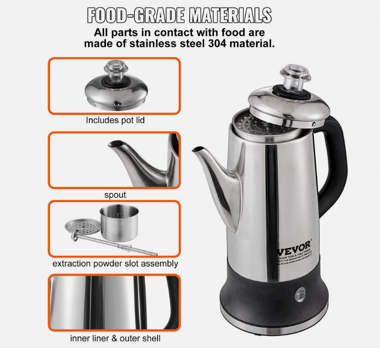 VEVOR 12-Cup Electric Percolator Coffee Pot - 304 Stainless Steel | Zarnesh