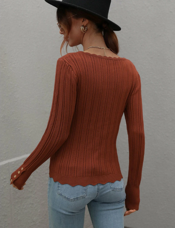 Women Square Neckline Long Sleeves Bodycon Top Button Detail Zarnesh