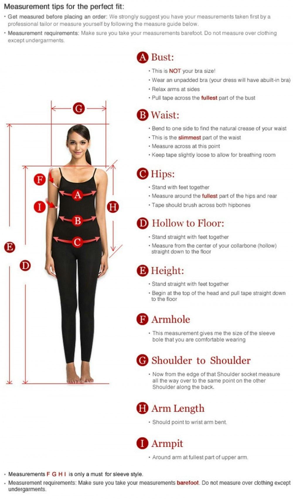 Measurement guide for clothing with a woman model and labeled measurements.