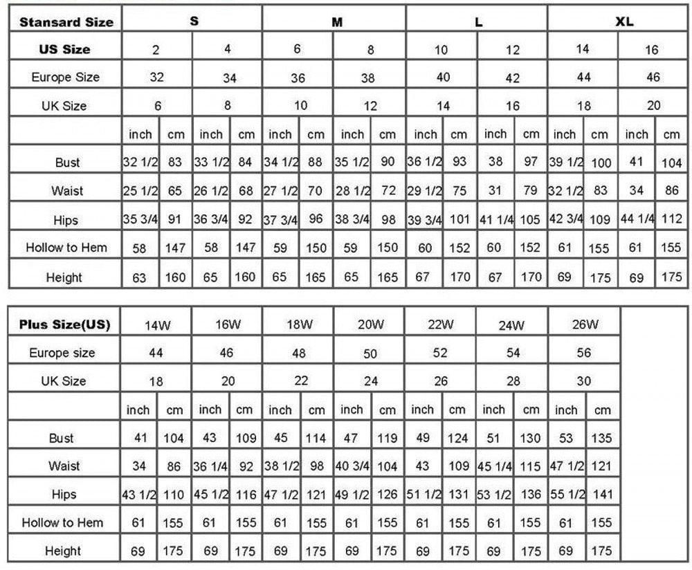 Size chart comparing US, European, and UK sizes for clothing measurements.
