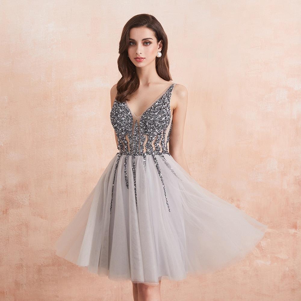 Sequined Tulle V-Neck Homecoming Mini Dress | Zarnesh