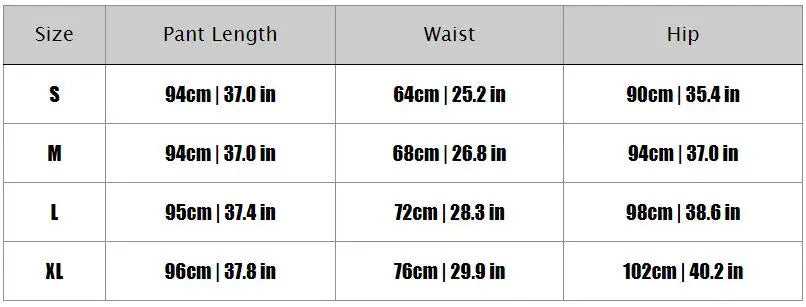 Table displaying pant size chart with measurements for length, waist, and hip.