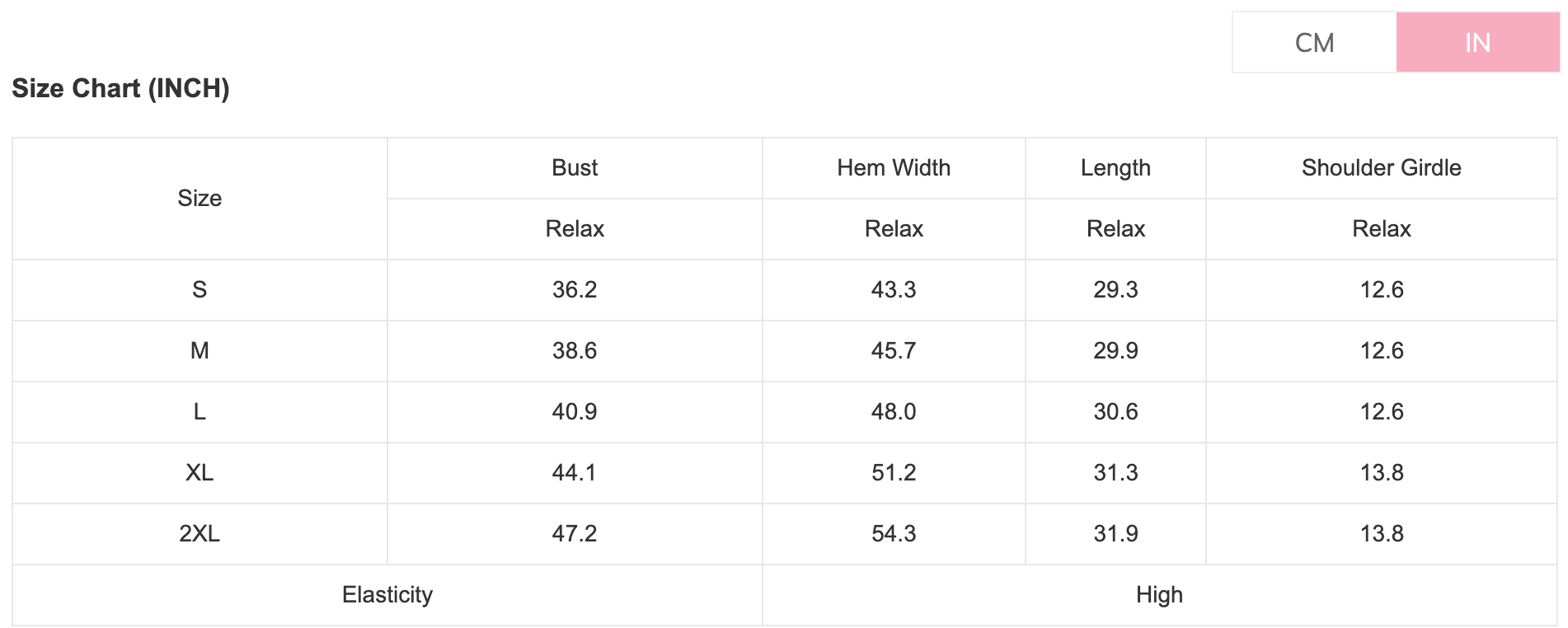 Size chart for clothing measurements in inches and centimeters