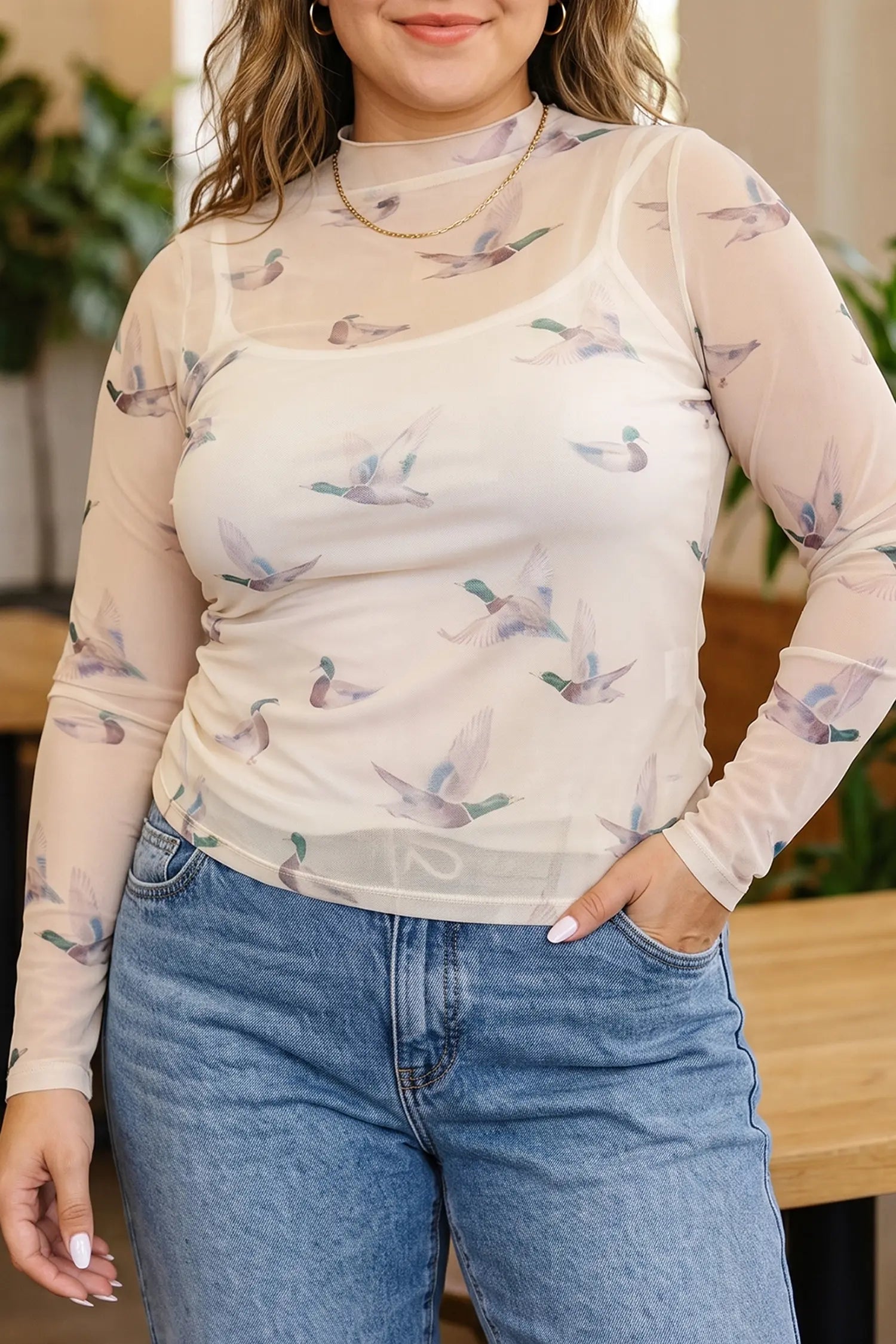 Sheer Mesh Duck Mock Neck Tunic Top | Zarnesh