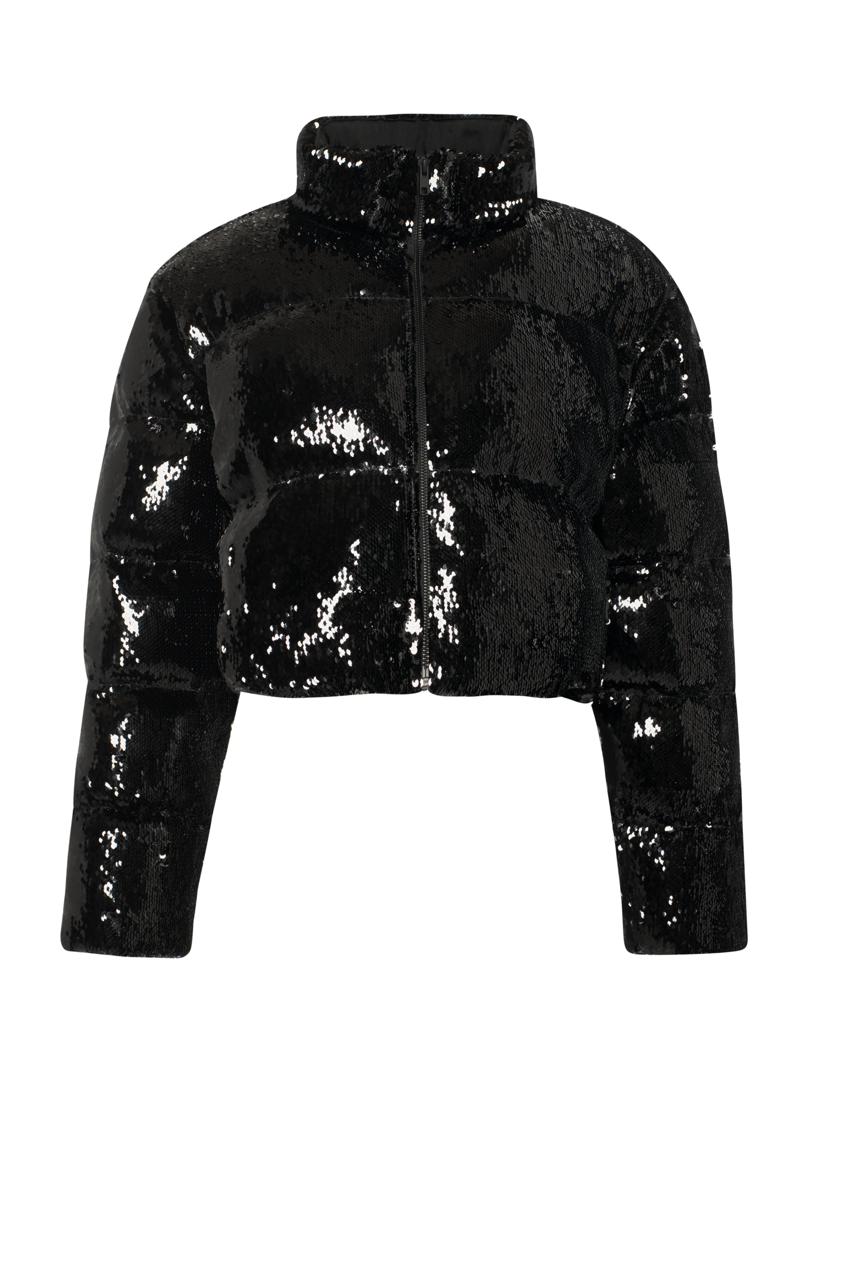 Black sequin puffer jacket on a white background