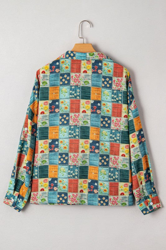 Women’s Floral Patchwork Collar V-Neck Long Sleeve Blouse | Zarnesh
