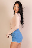 Women Ribbed Scoop Long Sleeve Snap Button Fitted Crop Top Zarnesh