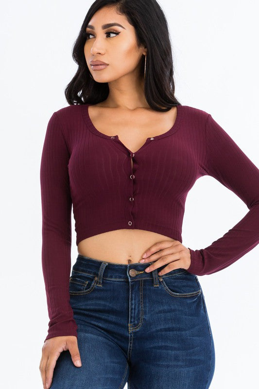 Women Ribbed Scoop Long Sleeve Snap Button Fitted Crop Top Zarnesh
