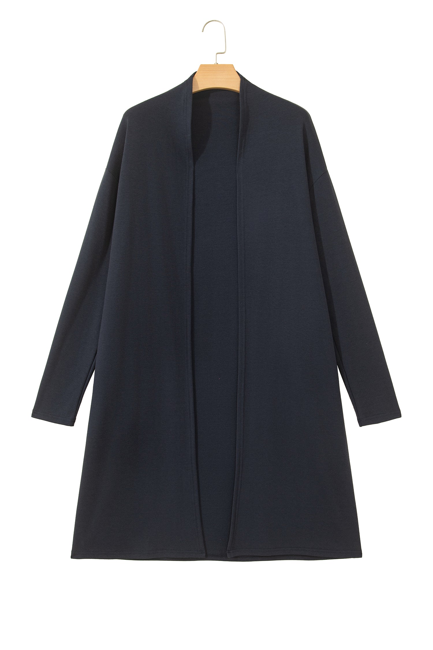 A dark navy blue open-front cardigan or long coat with long sleeves