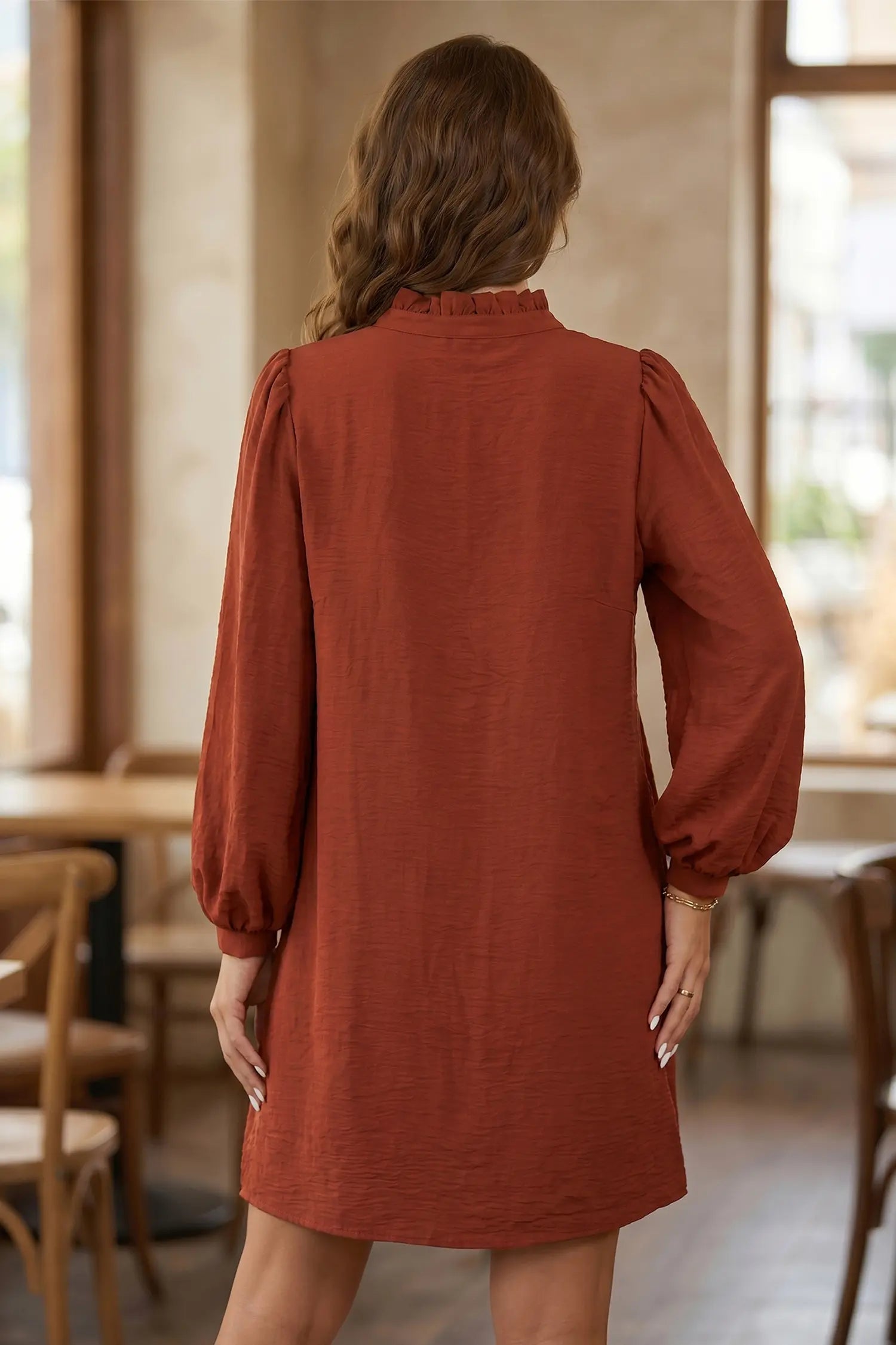 A woman viewed from behind wearing a rust-orange long-sleeve dress with a high gathered neckline and balloon sleeves, standing in a softly lit indoor setting with blurred furniture in the background.