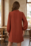 A woman viewed from behind wearing a rust-orange long-sleeve dress with a high gathered neckline and balloon sleeves, standing in a softly lit indoor setting with blurred furniture in the background.
