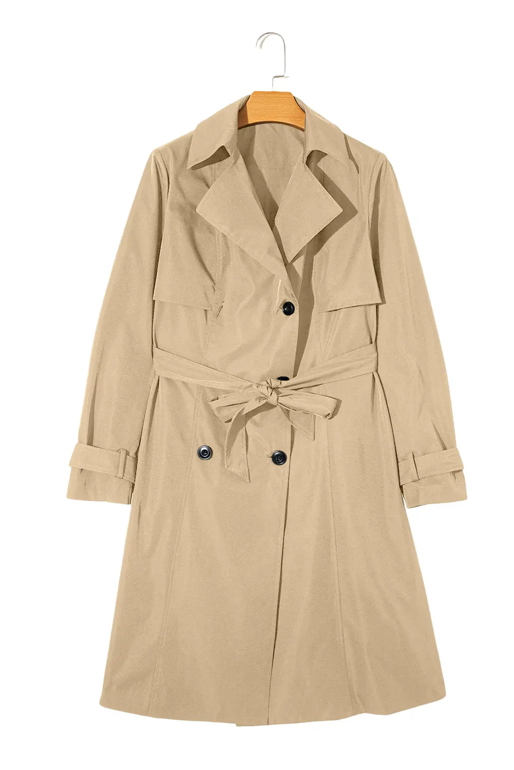 Beige trench coat on a hanger against a white background