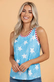 Star Print Round Neck Striped Trim Tank Top | Zarnesh