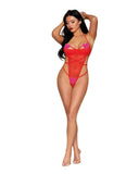 Woman wearing a red lingerie set on a white background