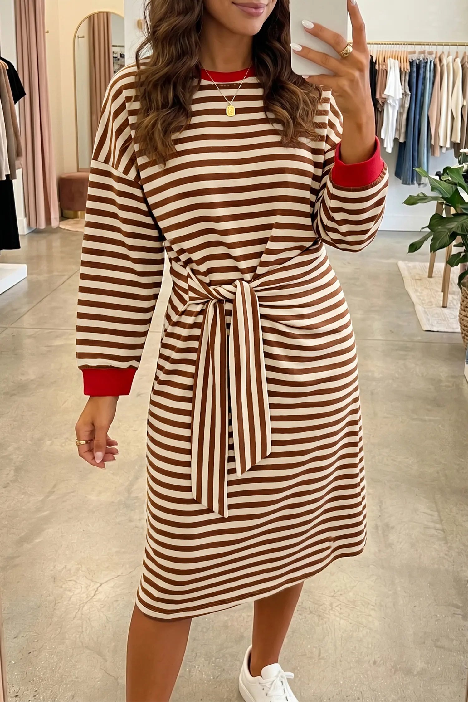 Stripe Tie Waist Long Sleeve Midi Dress | Zarnesh