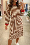 Stripe Tie Waist Long Sleeve Midi Dress | Zarnesh