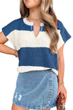Woman in a navy and off-white striped knit top, denim mini skirt, and brown shoulder bag.