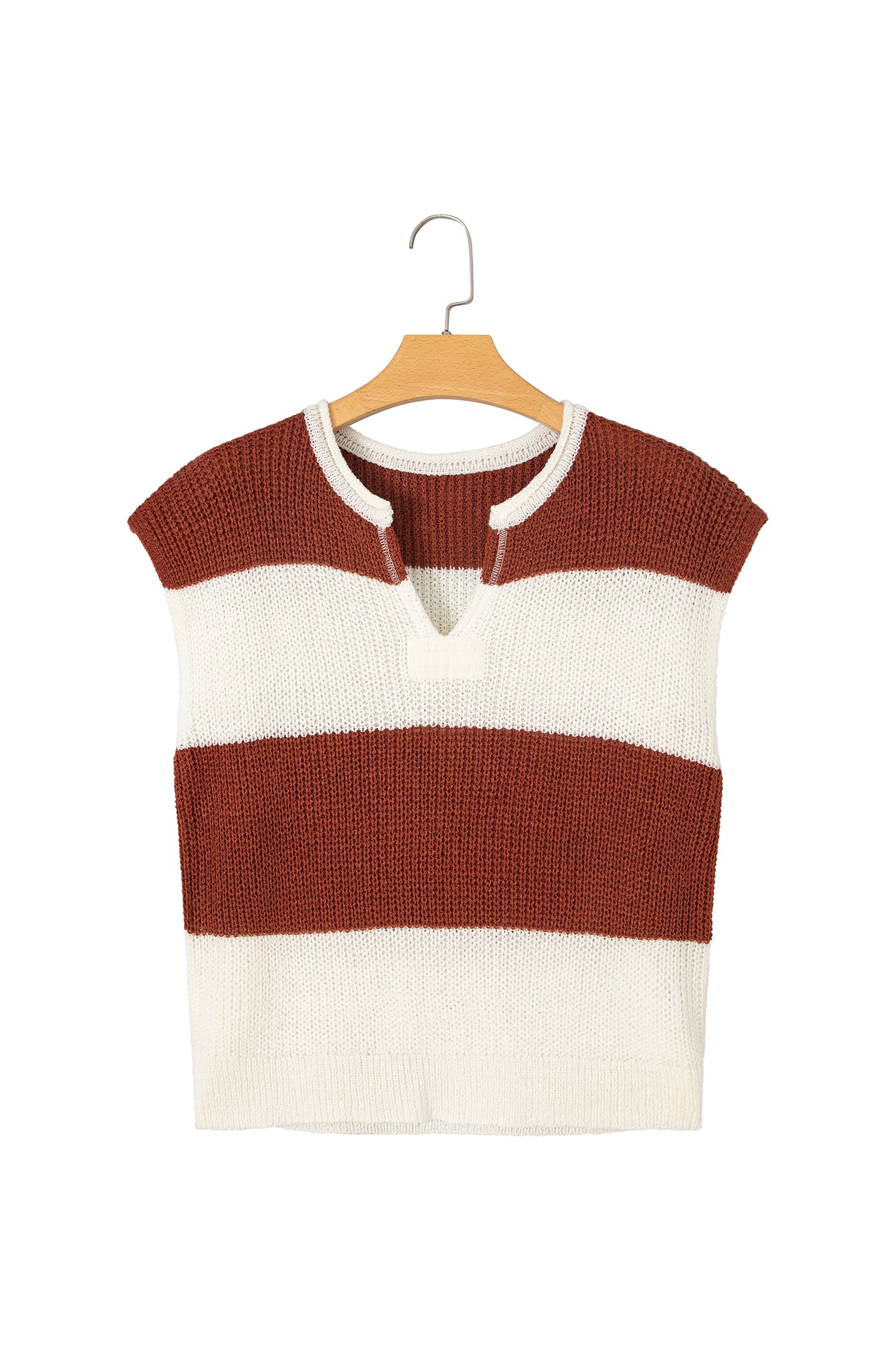 A sleeveless knit top with horizontal rust-brown and off-white stripes, hanging on a wooden hanger against a plain white background.