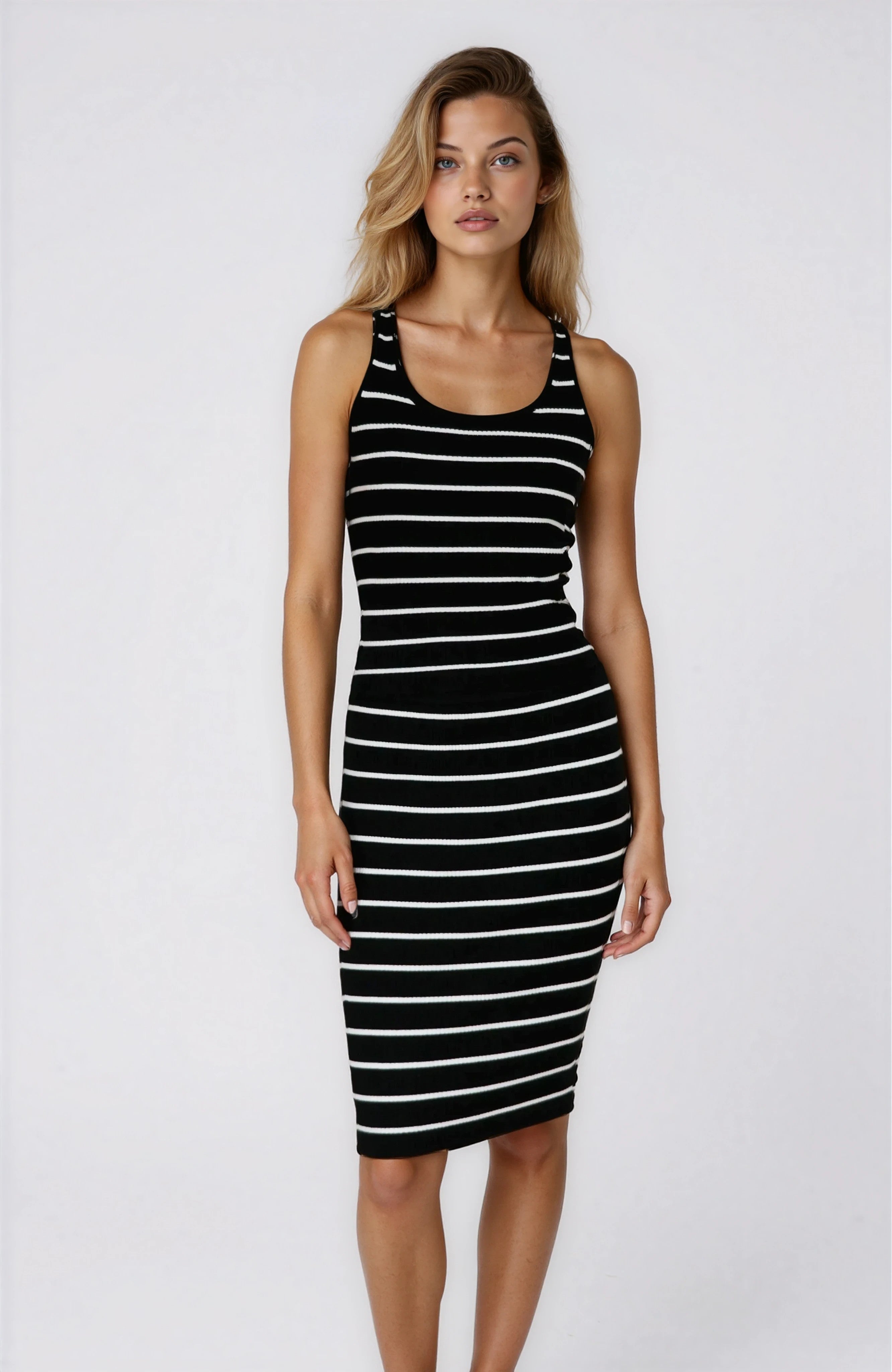 Woman wearing a black and white striped dress on a white background