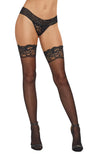 Black lace stockings worn by a model on a white background