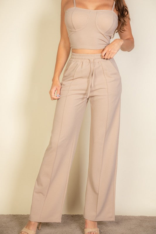 Women Soft  Bustier Crop Cami Top Slant Pocket Straight Pants Zarnesh