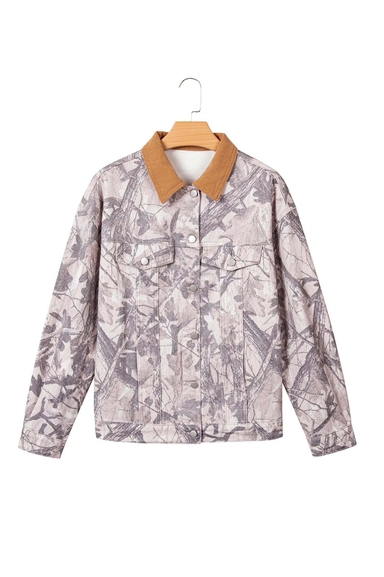 Long-sleeve utility jacket with gray and beige abstract camouflage print and contrasting tan collar on hanger.