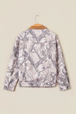 Children’s long-sleeve jacket with gray and beige tree-bark camouflage pattern on wooden hanger.