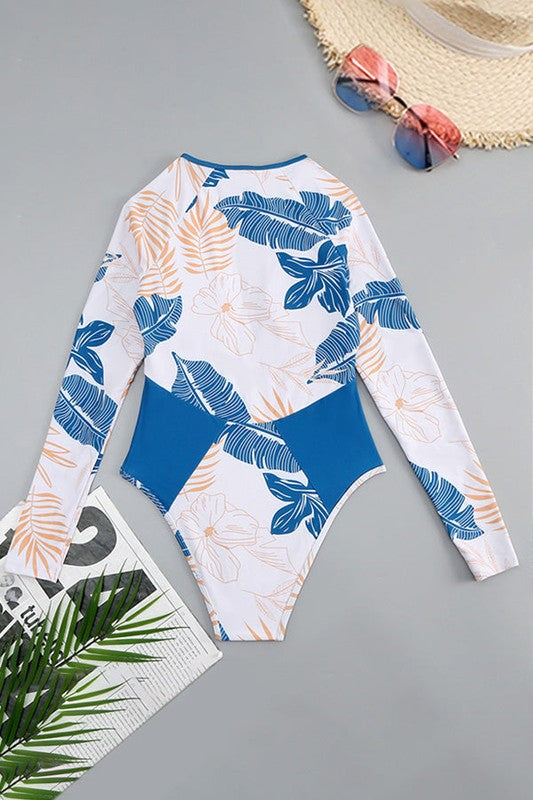 Women Blue Tropical Long Sleeve One Piece Surfing Swimsuit | Zarnesh

