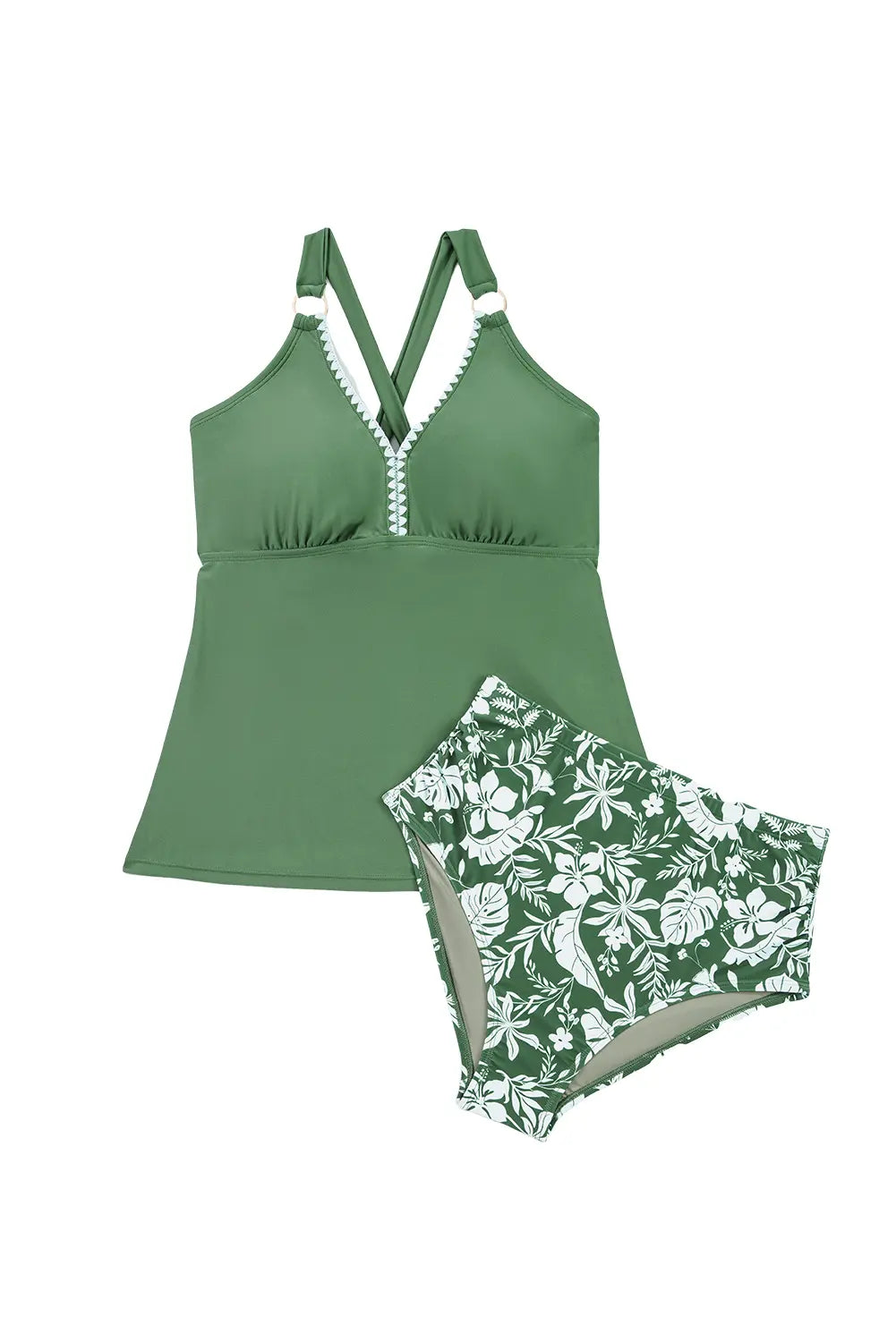 Green swimsuit set with floral patterned bottom on a white background