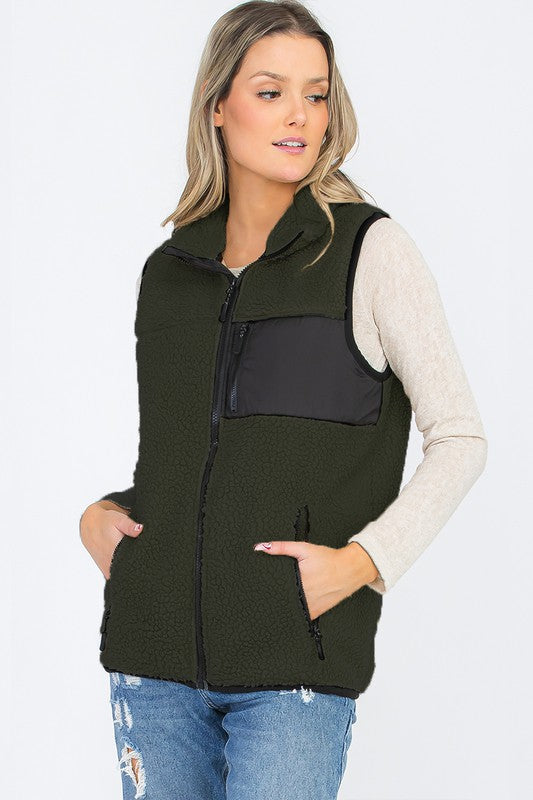 Women Sherpa Fleece Chest Zipper Cutout Vest Top Jacket Zarnesh