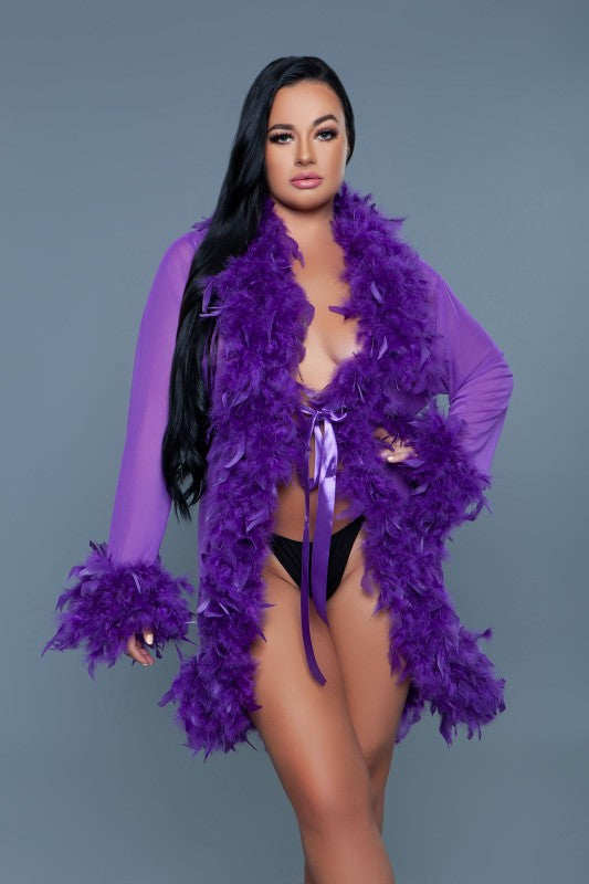 Women’s Lux Short Sheer Feather Trim Front Tie Lingerie Robe | Zarnesh