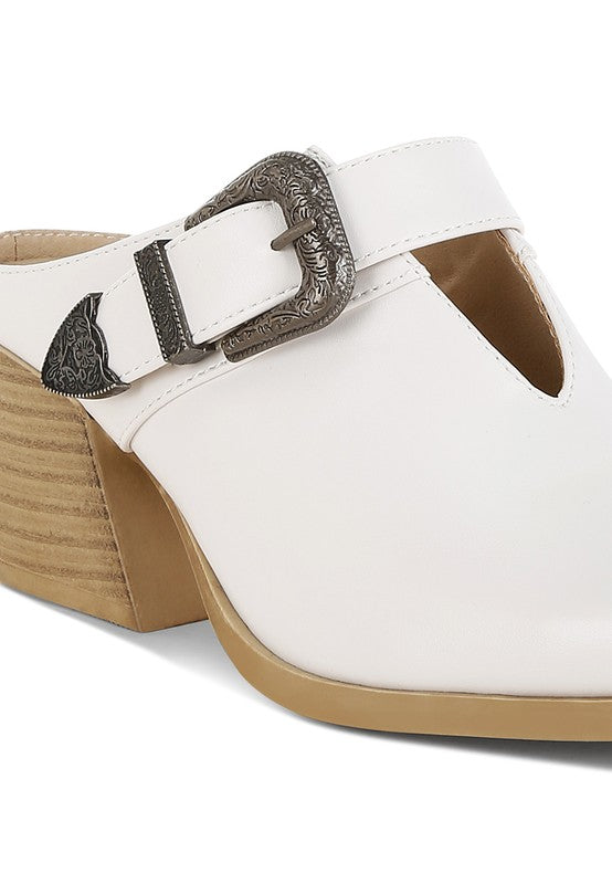 Women Holler Carved Buckle Statement Block Heel Mules Zarnesh
