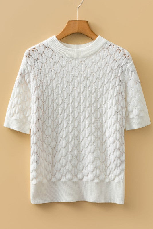 Women’s Fish Scale Textured Scallop Knit Short Sleeve Sweater | Zarnesh