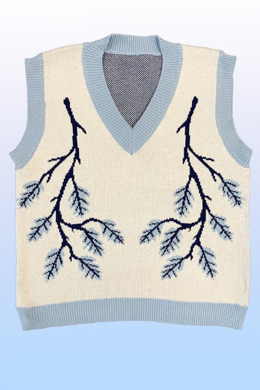 Women Branch Intarsia V Neckline Sleeveless Knit Sweater Vest Zarnesh