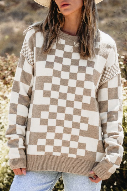 Women's Checker Round Neck Drop Shoulder Sweater | Zarnesh