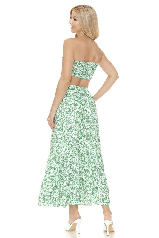 Women Floral Ankle Length Maxi Skirt Strapless Fitted Top Set Zarnesh
