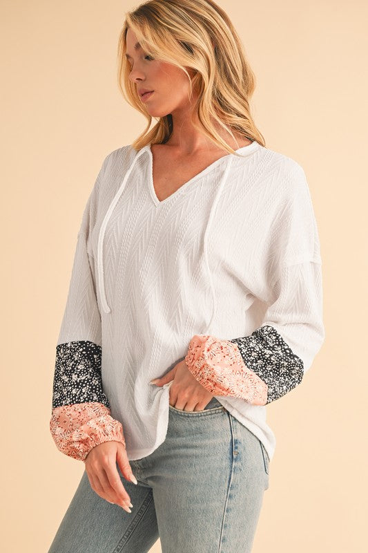 Women Floral Patchwork V Neck Drop Sleeve Drawstring Top Zarnesh