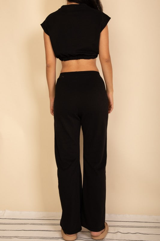 Women French Terry Crop Top Wide Leg Pants Set | Zarnesh