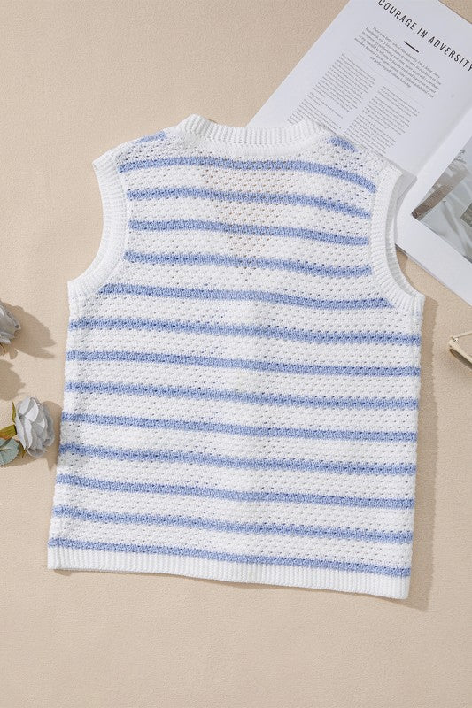 Women's Sky Blue Striped V Neck Button Knit Vest | Zarnesh