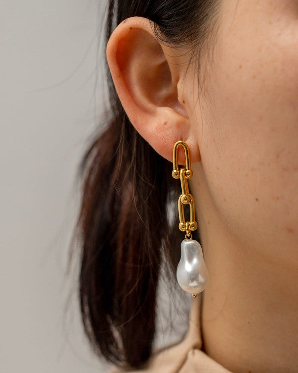 Women 18K Gold Plated Baroque Pearl Link Earrings | Zarnesh