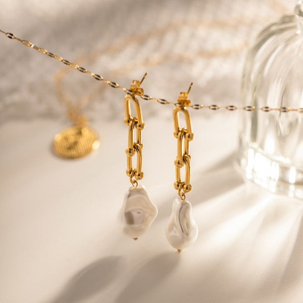 Women 18K Gold Plated Baroque Pearl Link Earrings | Zarnesh