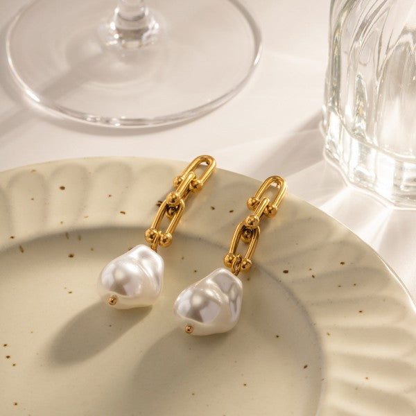 Women 18K Gold Plated Baroque Pearl Link Earrings | Zarnesh
