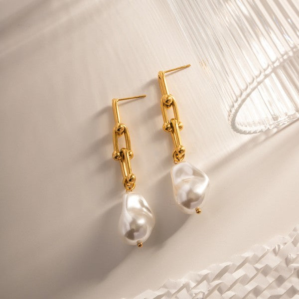 Women 18K Gold Plated Baroque Pearl Link Earrings | Zarnesh